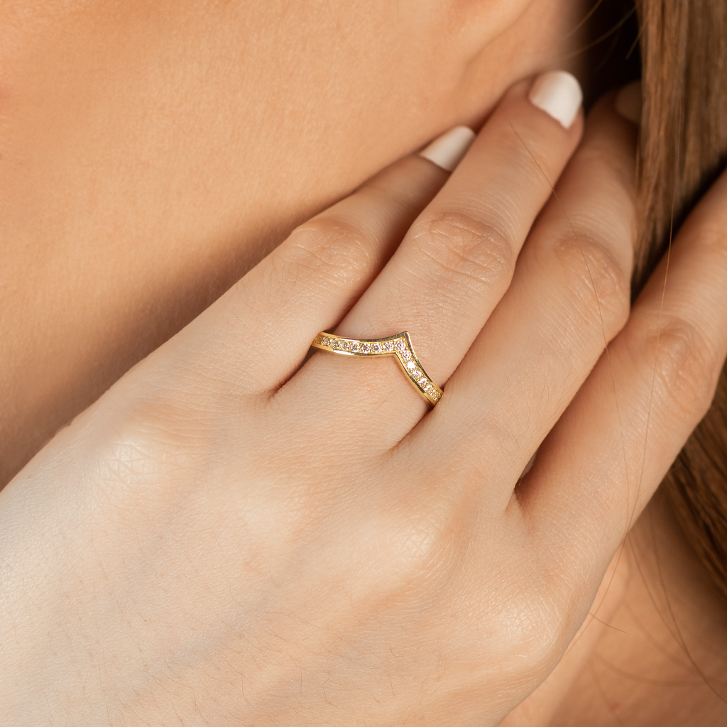 Pave Wishbone Ring 14k gold stacked on model finger– Foundry