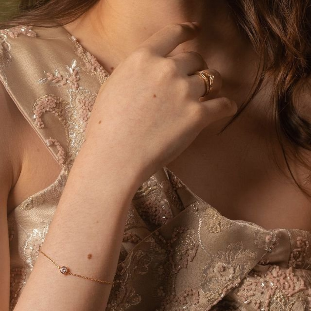 Pave Wishbone Ring 14k gold stacked on model finger– Foundry