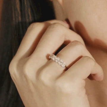 Oval Cut Half Eternity 14k gold stacked on model ring finger, video – Foundry