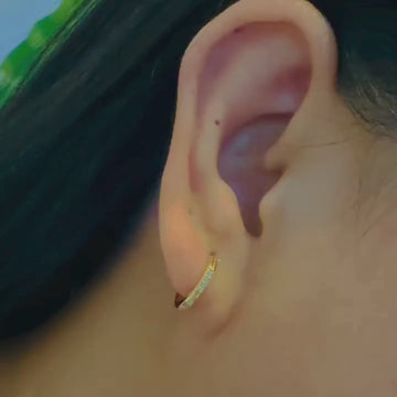 Pave Trio Diamond Hoops 18k gold stacked on model ears, video – Foundry