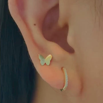 Pave Diamond Small Hoops 18k gold stacked on model ear, video – Foundry
