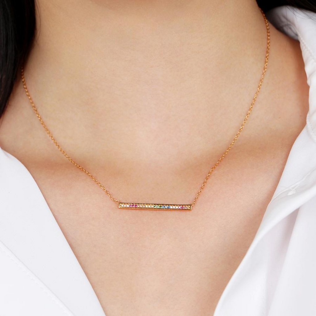 Rainbow Bar Necklace Gold Vermeil stacked on model neck– Foundry