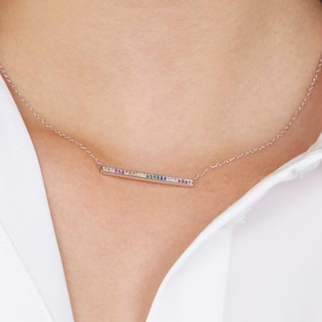 Rainbow Bar Necklace Sterling Silver stacked on model neck – Foundry