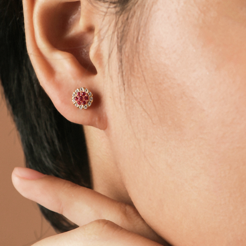 Rosa Flower Studs 14k gold stacked on model ear – Foundry