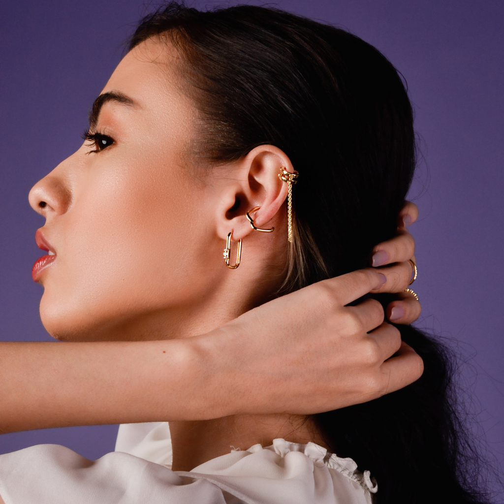Row Drop Earrings 14k gold stacked  on model ear – Foundry