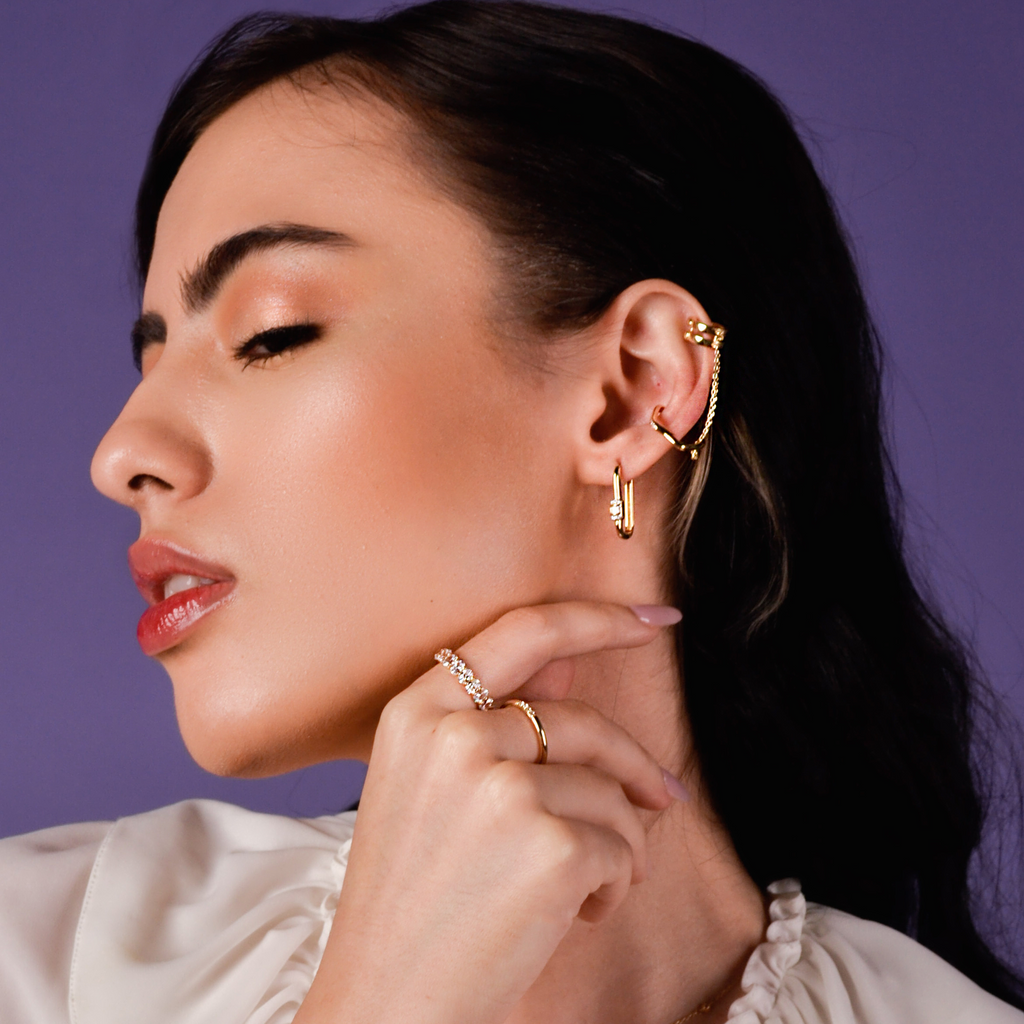 Row Drop Earrings 14k gold stacked  on model ear – Foundry