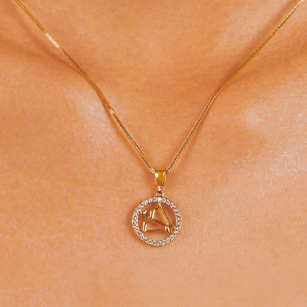 Sagittarius Zodiac Sign 18k gold stacked on model neck – Foundry