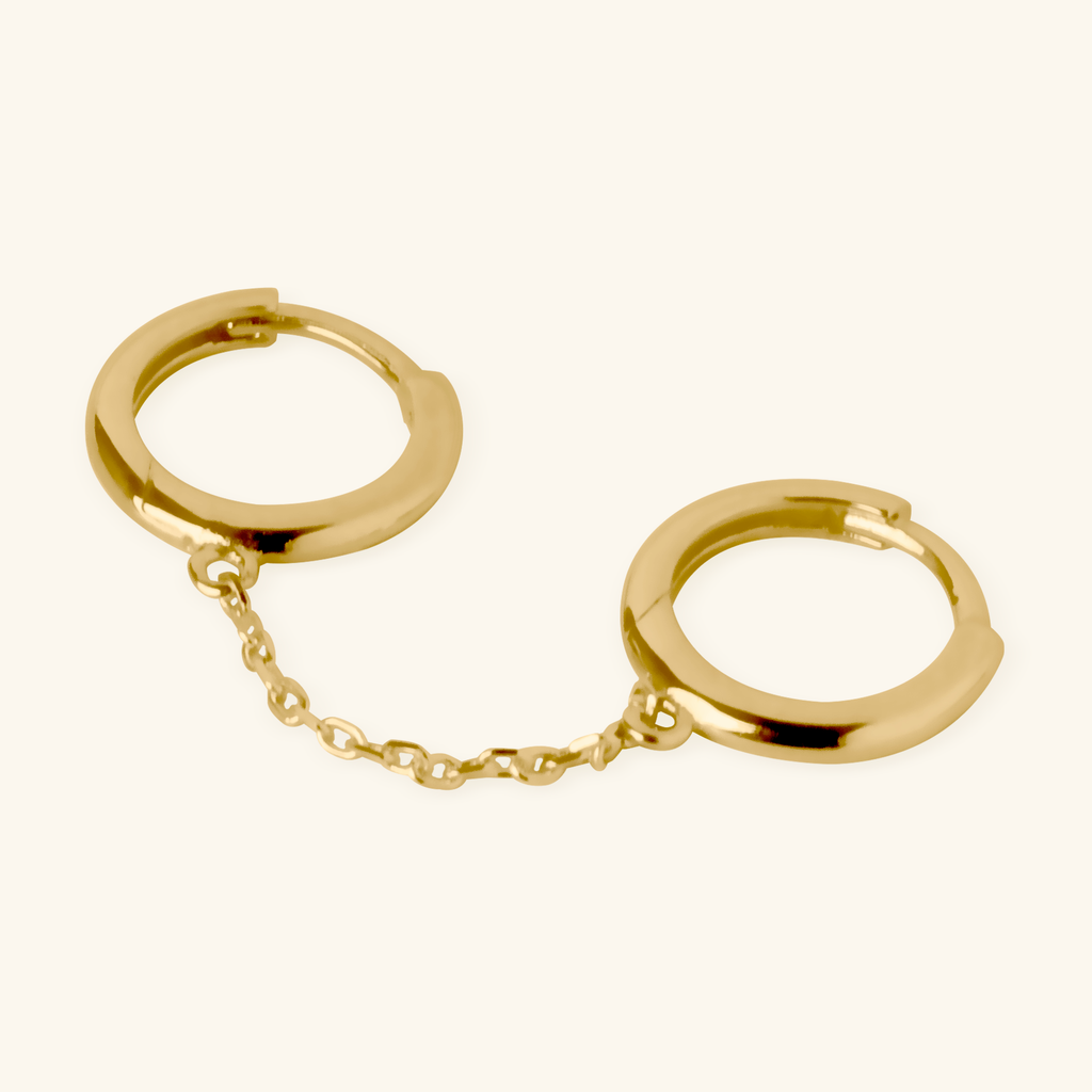Close-up of saddle back  on Short Chain Huggie Earrings 14k gold – Foundry