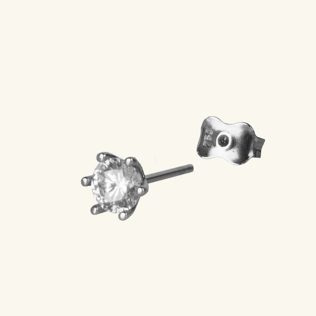Close-up of push back post lock on Single Round Mini Studs 18k white gold – Foundry
