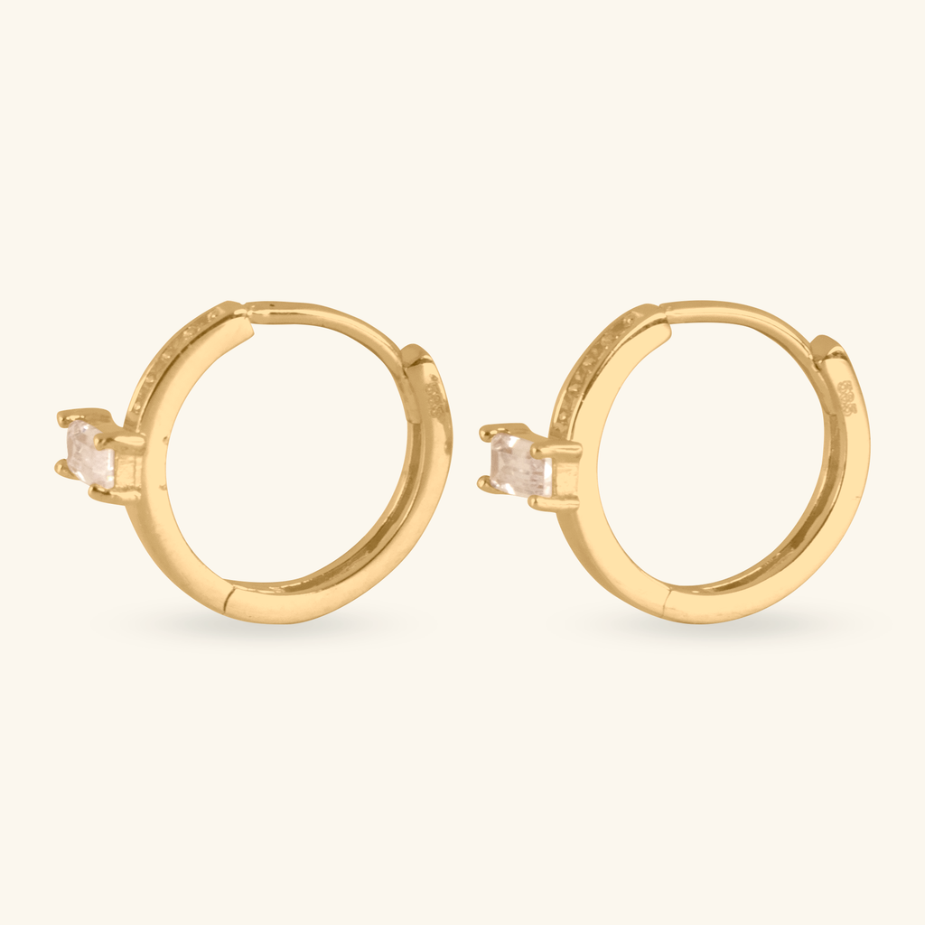 Close-up of saddle back on Slim Baguette Hoops 14k gold – Foundry