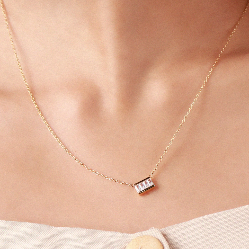 Square Bar Necklace Sterling Silver stacked on model neck – Foundry