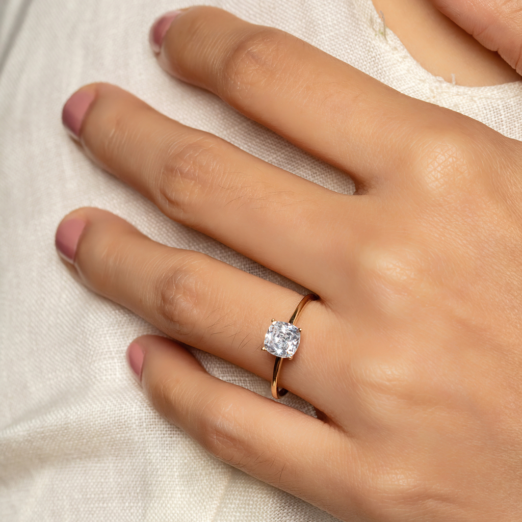 Square Cut Stacker Ring 14k gold stacked on model finger – Foundry