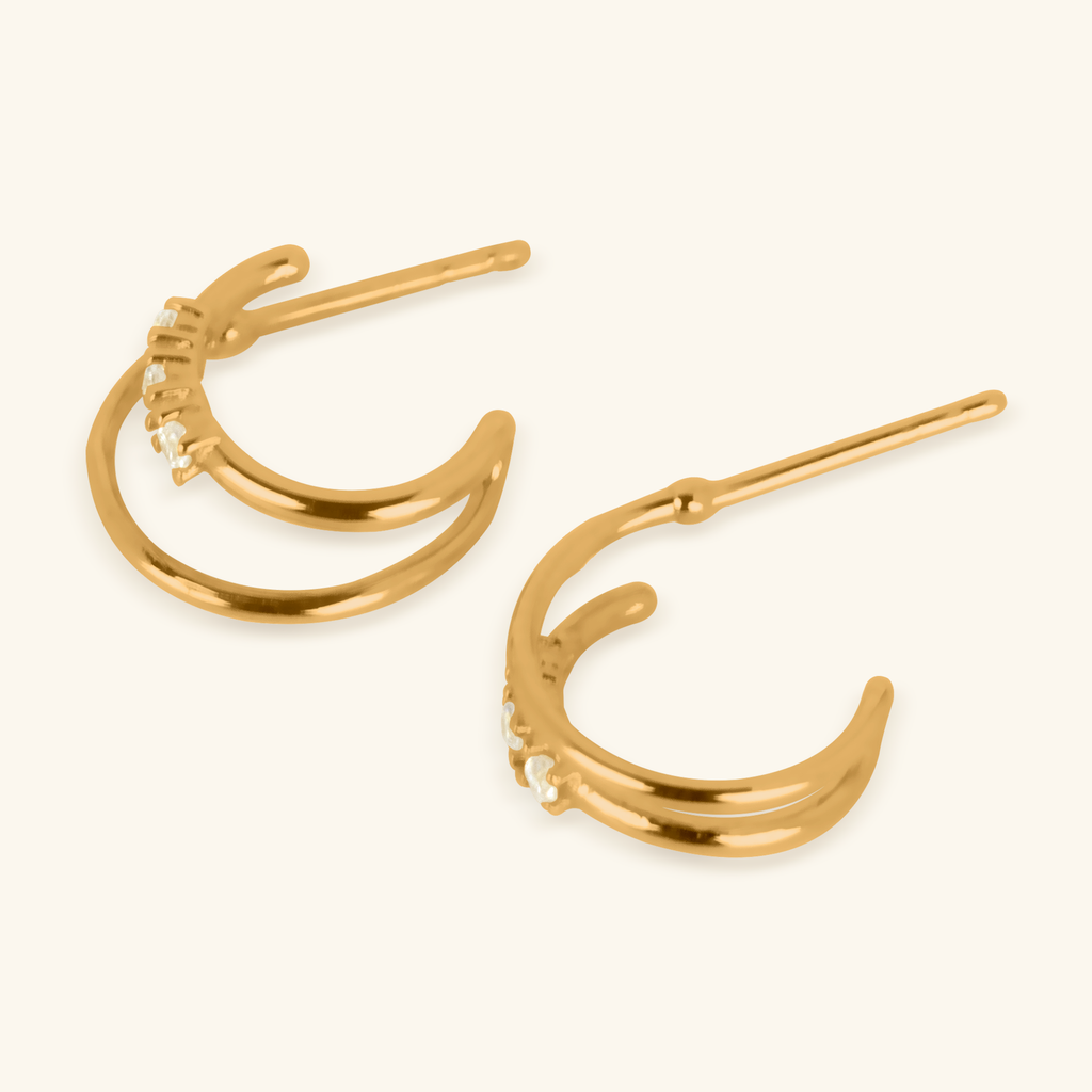 Close-up of push back post lock on Trio Twin Hoops 14k gold – Foundry