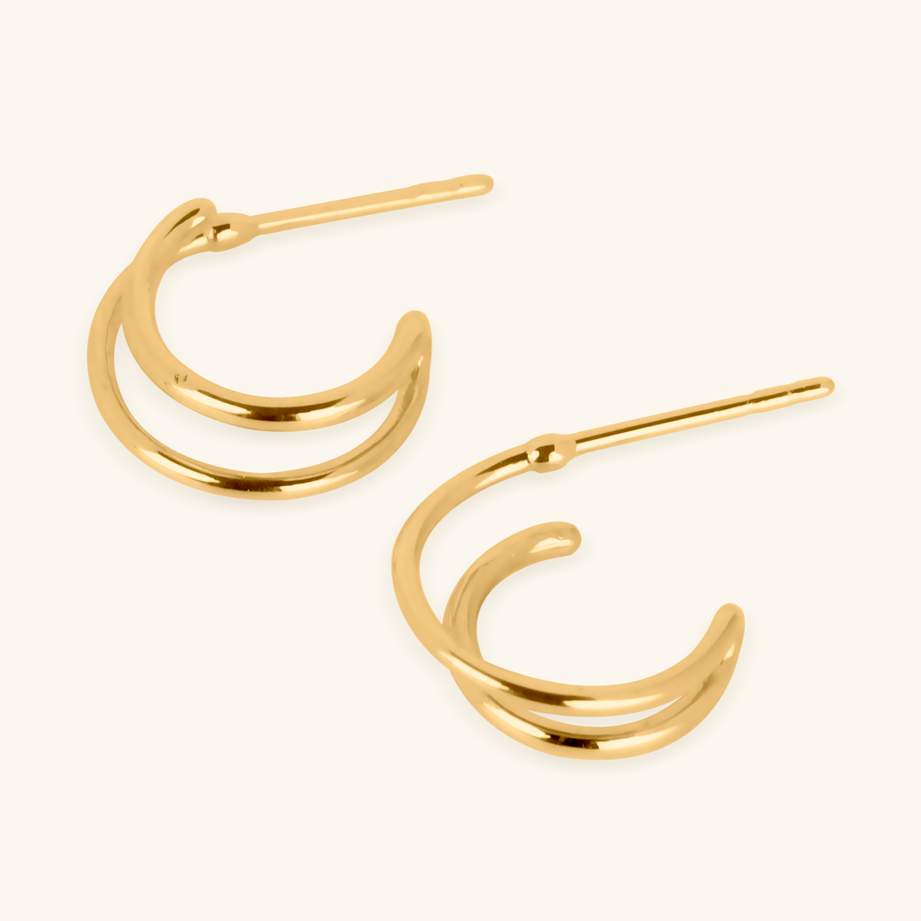 Close-up of push back post lock on Twin Hoops 14k gold – Foundry