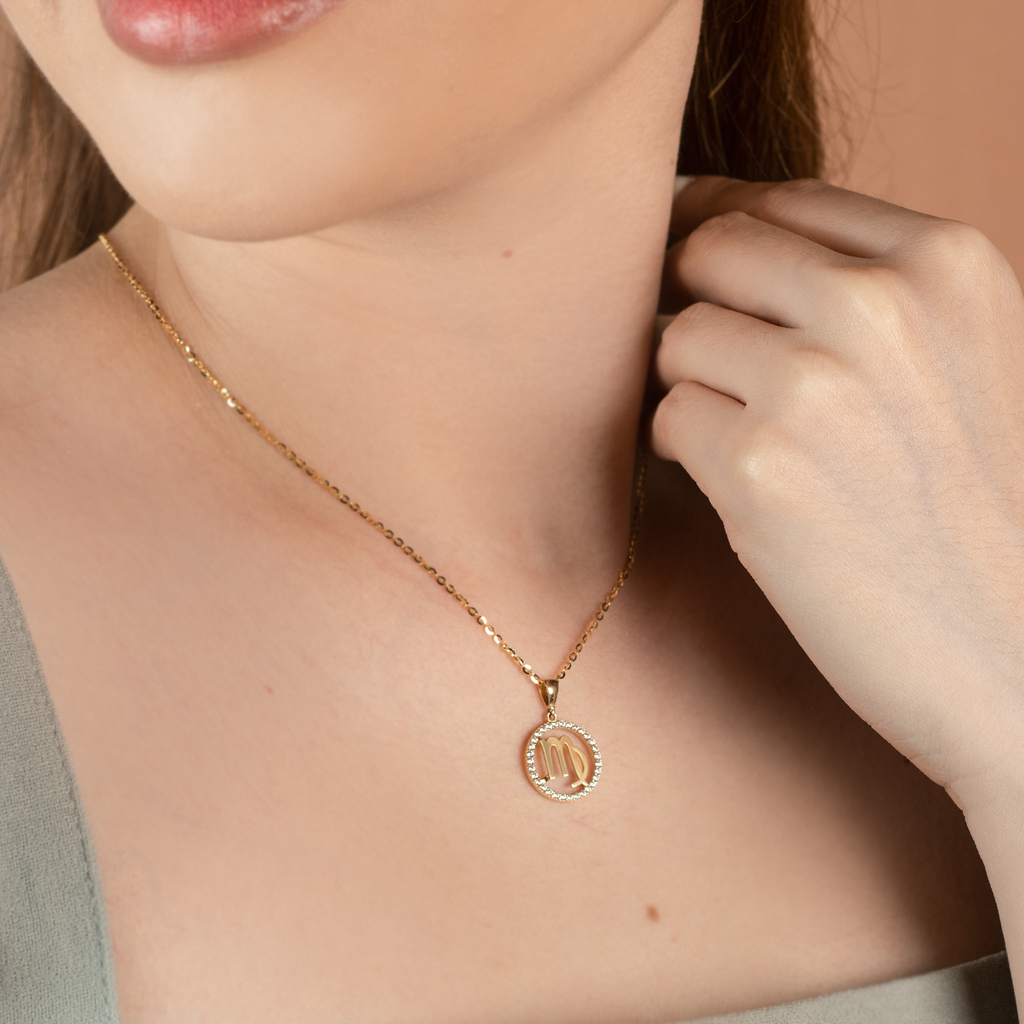 Virgo Pendant 14k gold stacked on model neck – Foundry