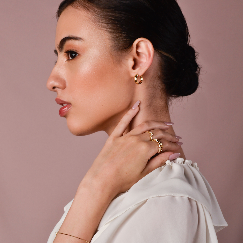 Wishbone Stacker Ring 14k gold stacked on model finger – Foundry