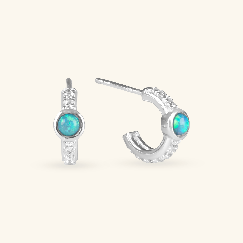 Pavé Opal Mini Hoops Sterling Silver, Handcrafted in 925 sterling silver