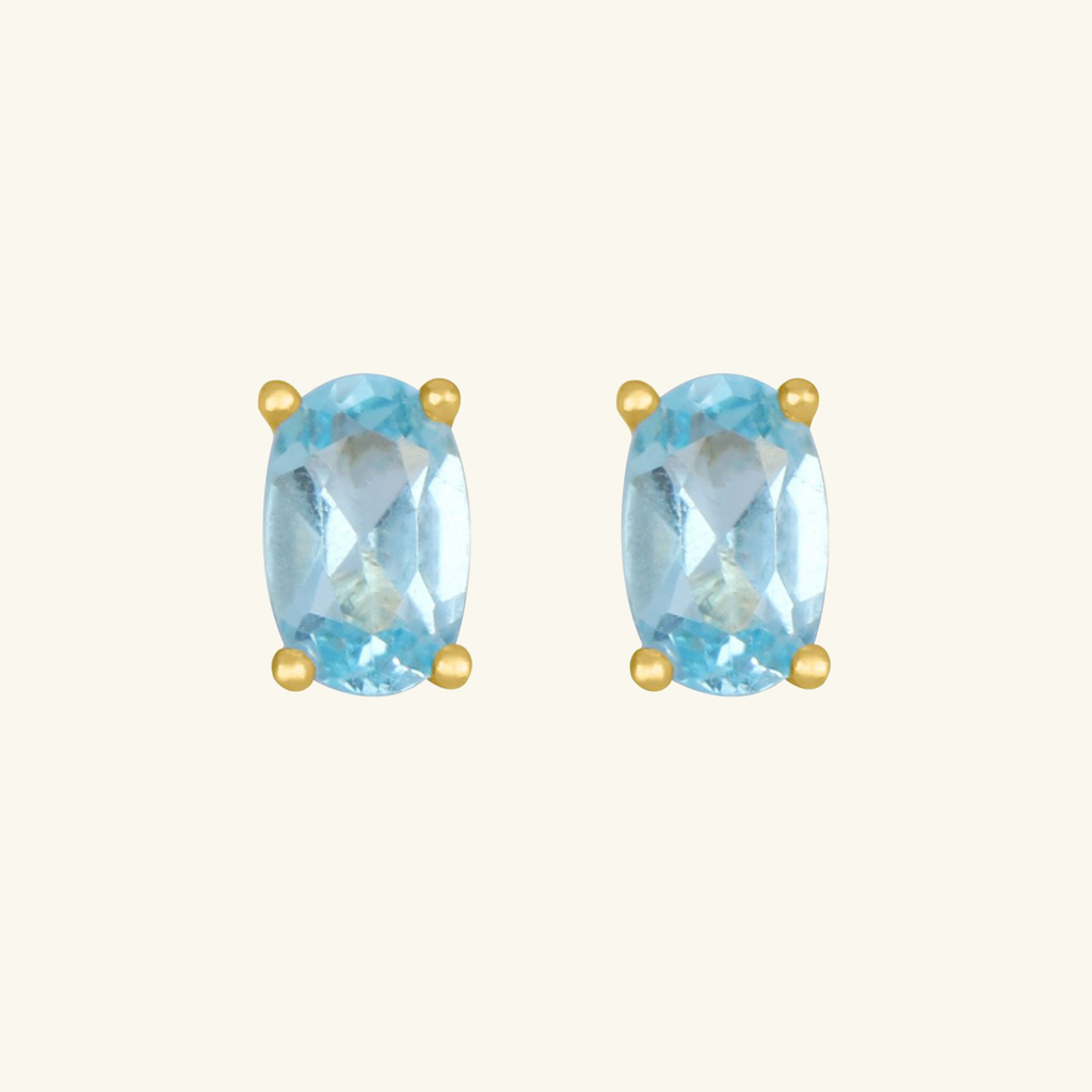 Birthstone Oval Studs Aquamarine, Set in 18k Solid Gold