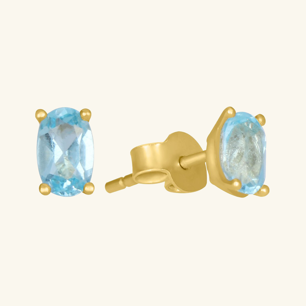 Birthstone Oval Studs Aquamarine, Set in 18k Solid Gold