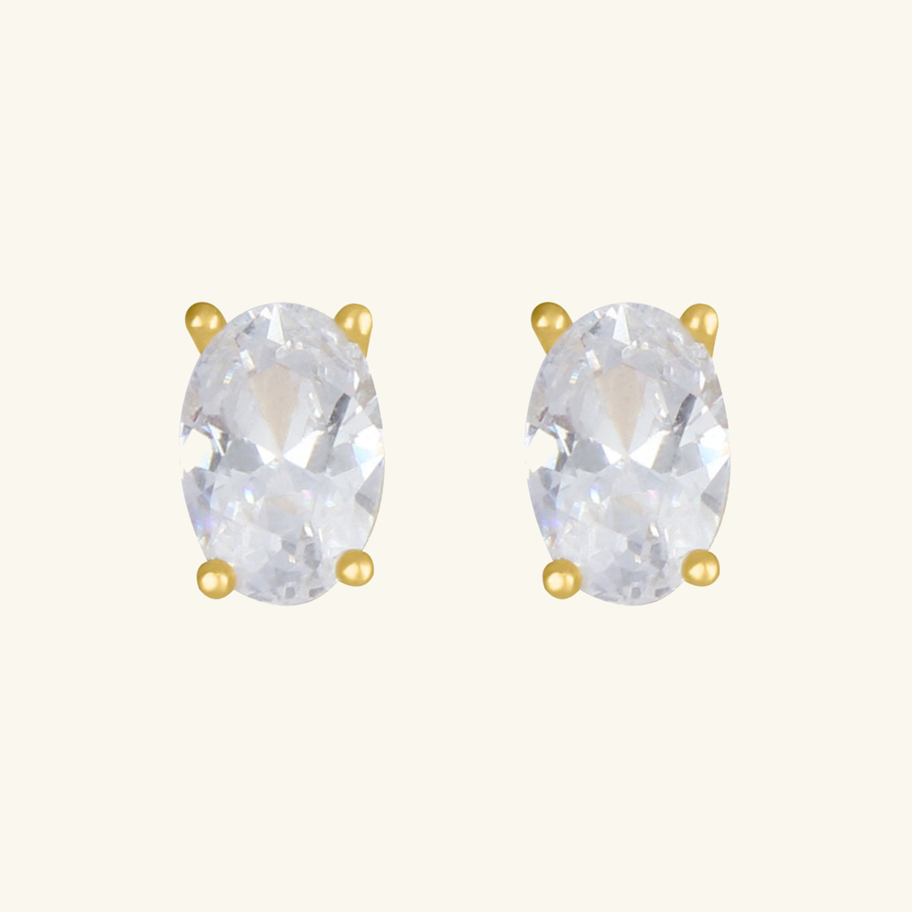 Birthstone Oval Studs White Cubic, Set in 18k solid gold