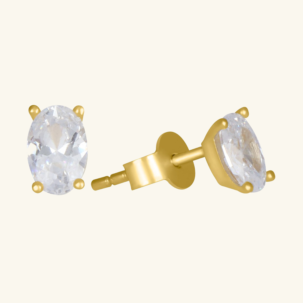 Birthstone Oval Studs White Cubic, Set in 18k solid gold