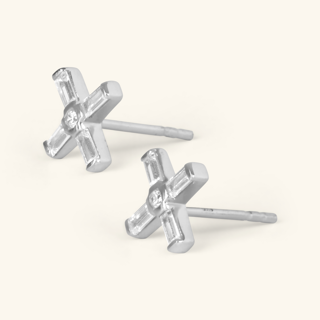 Baguette Cross Studs Sterling Silver, Handcrafted in 925 sterling silver