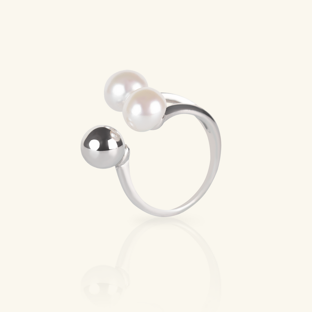 Duo Pearl Open Ring, Handcrafted in 925 sterling silver