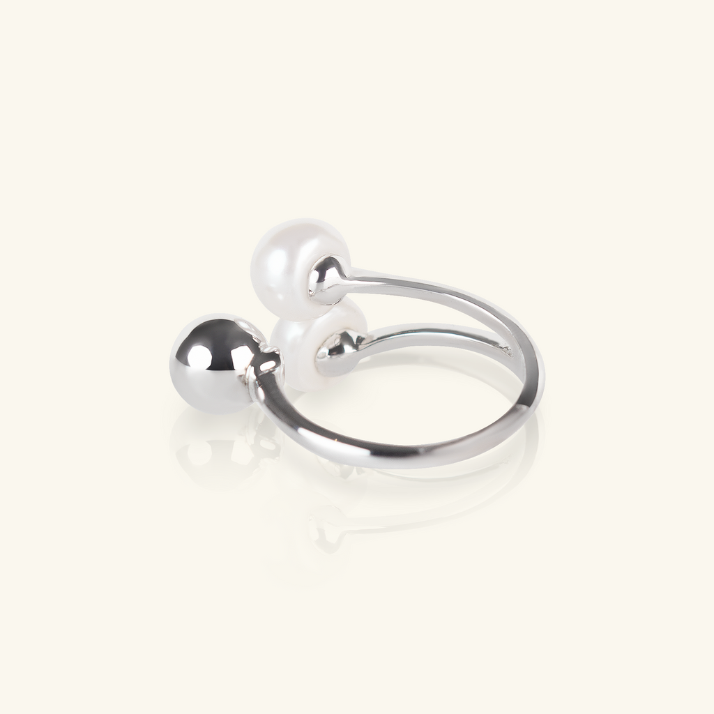 Duo Pearl Open Ring, Handcrafted in 925 sterling silver