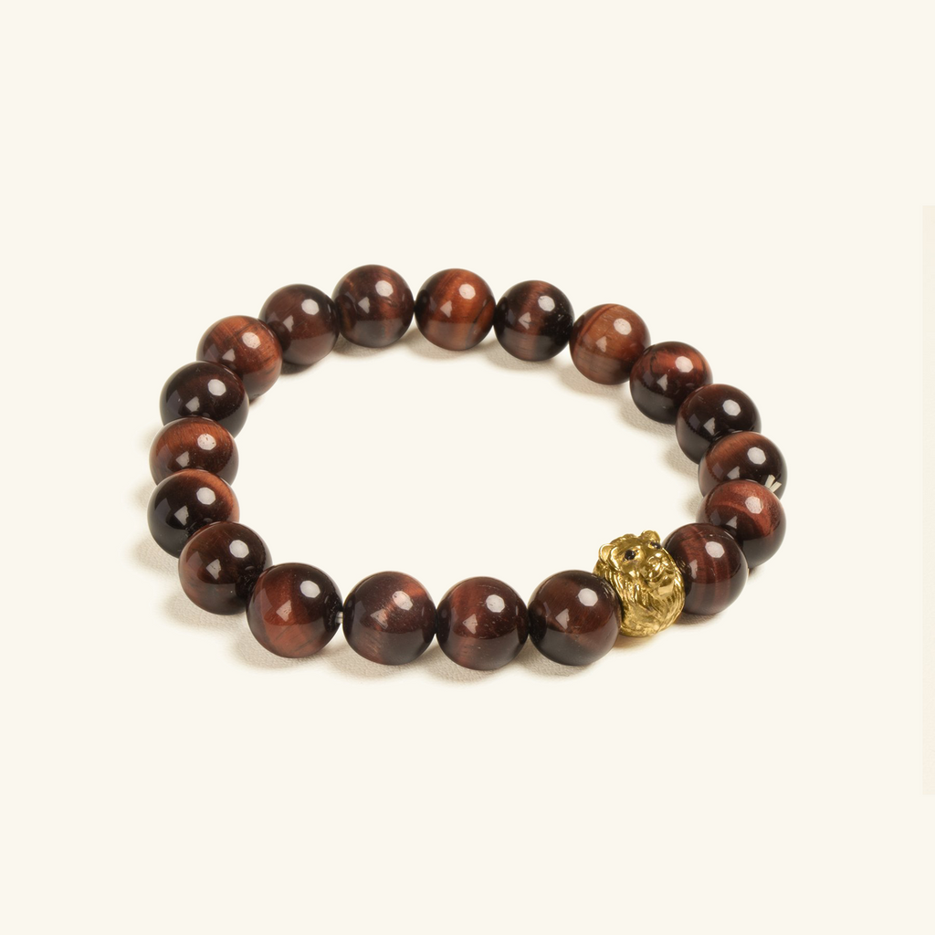 Lion Tiger Eye Bead Bracelet, Handcrafted in 925 sterling silver