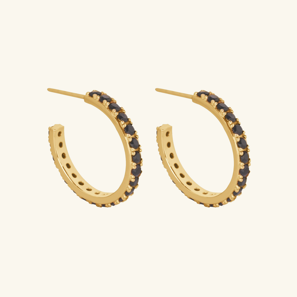Pavé Black Onyx Midi Hoops, Handcrafted in 925 sterling silver