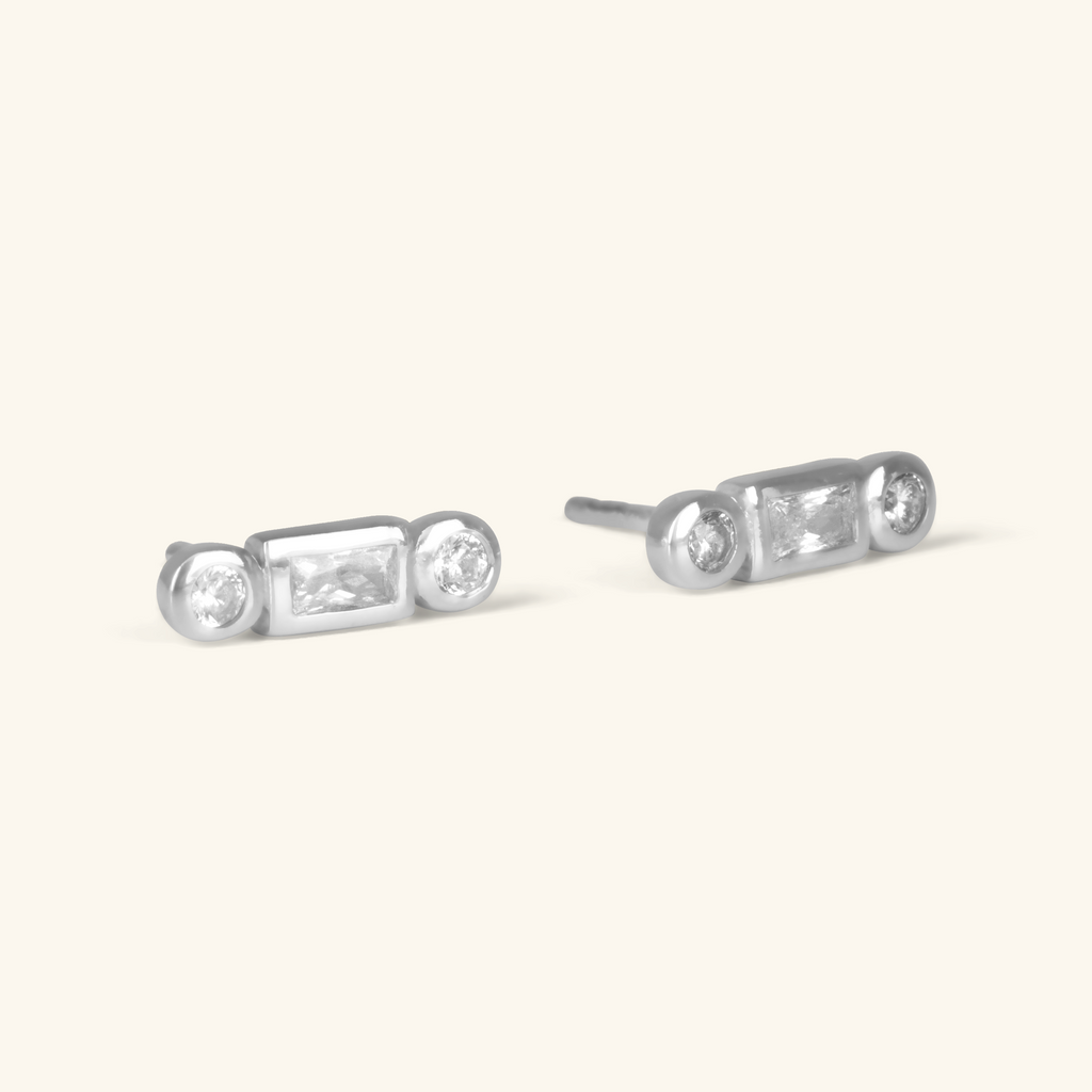 Trio Bezel Bar Studs Sterling Silver,Handcrafted in 925 Sterling Silver