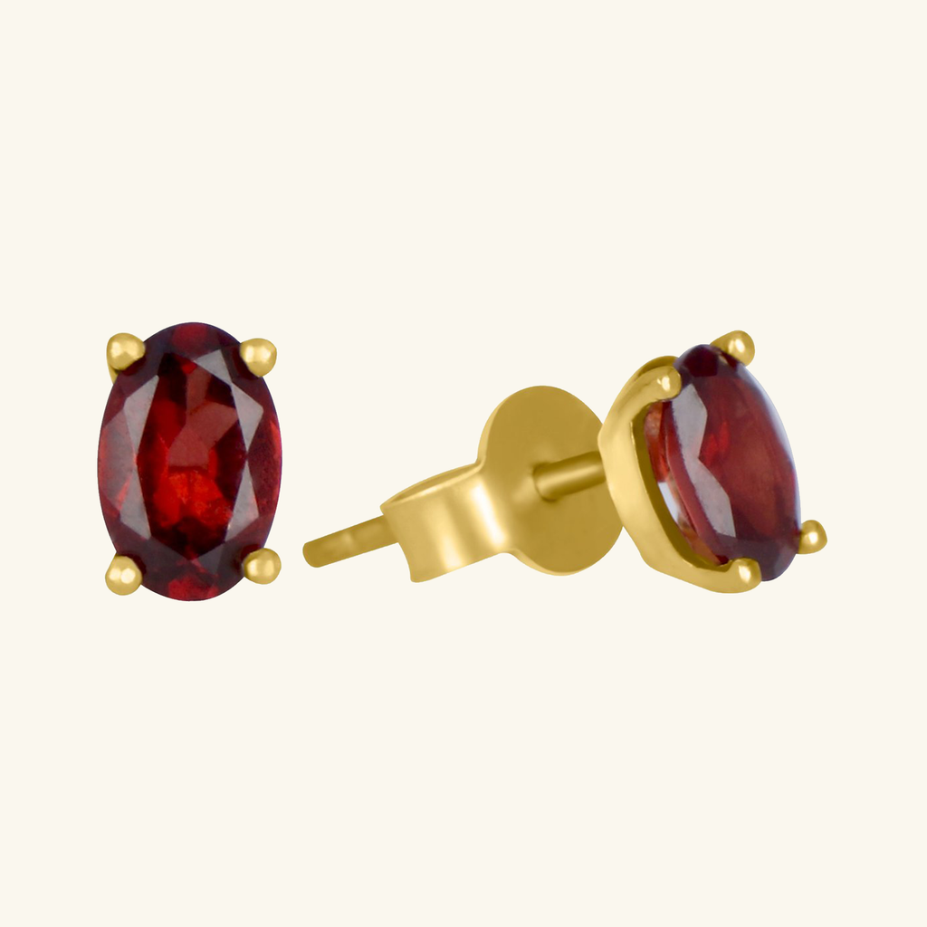 Birthstone Oval Studs Garnet, Set in 18k Solid Gold