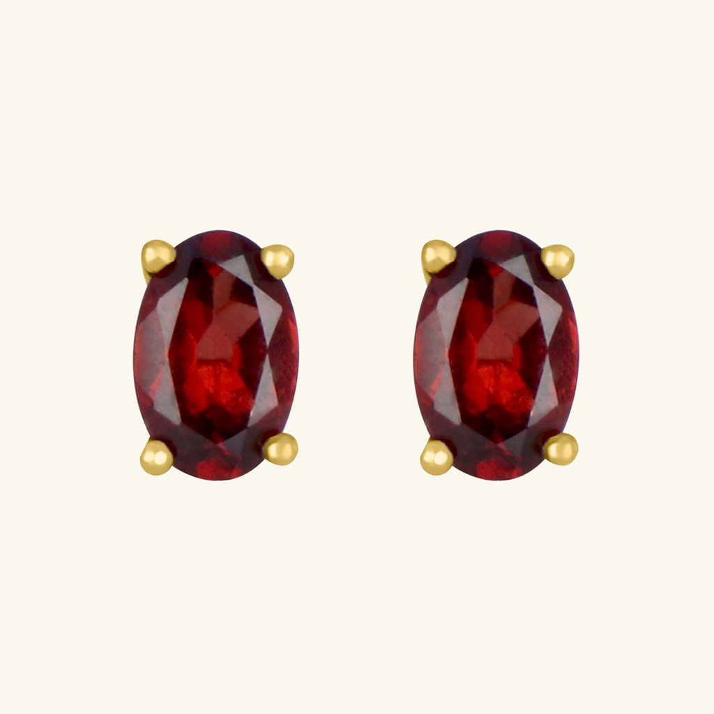 Birthstone Oval Studs Garnet, Set in 18k Solid Gold