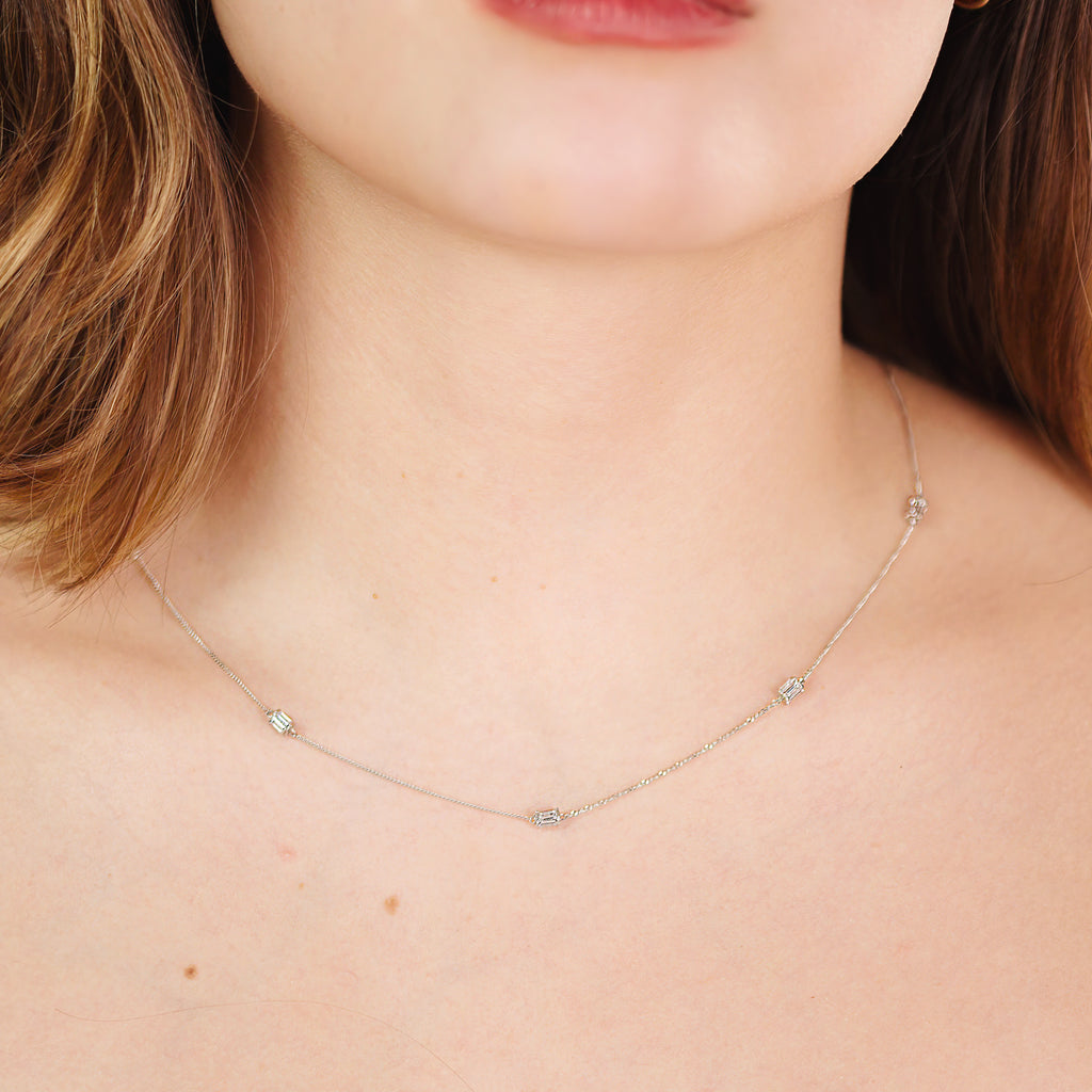 Baguette Cut Cz Necklace White Gold, Made in 14k solid gold