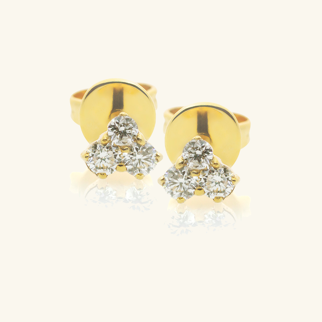 Diamond Mini Cluster Studs, Made in solid 14k gold. The round cut diamond is handcrafted with clean cut lines and maximum shine