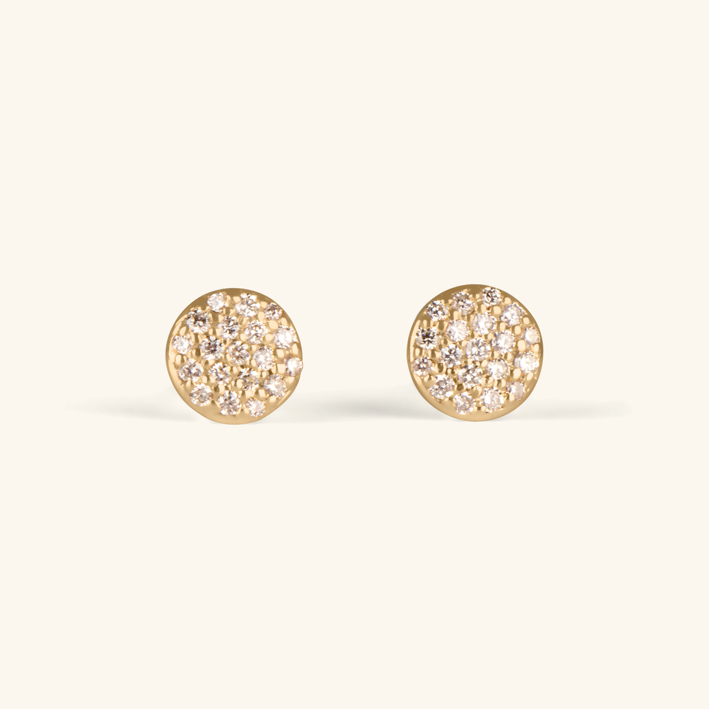 Pavé Diamond Round Studs, Handcrafted in 14k solid gold and set in pavé diamonds