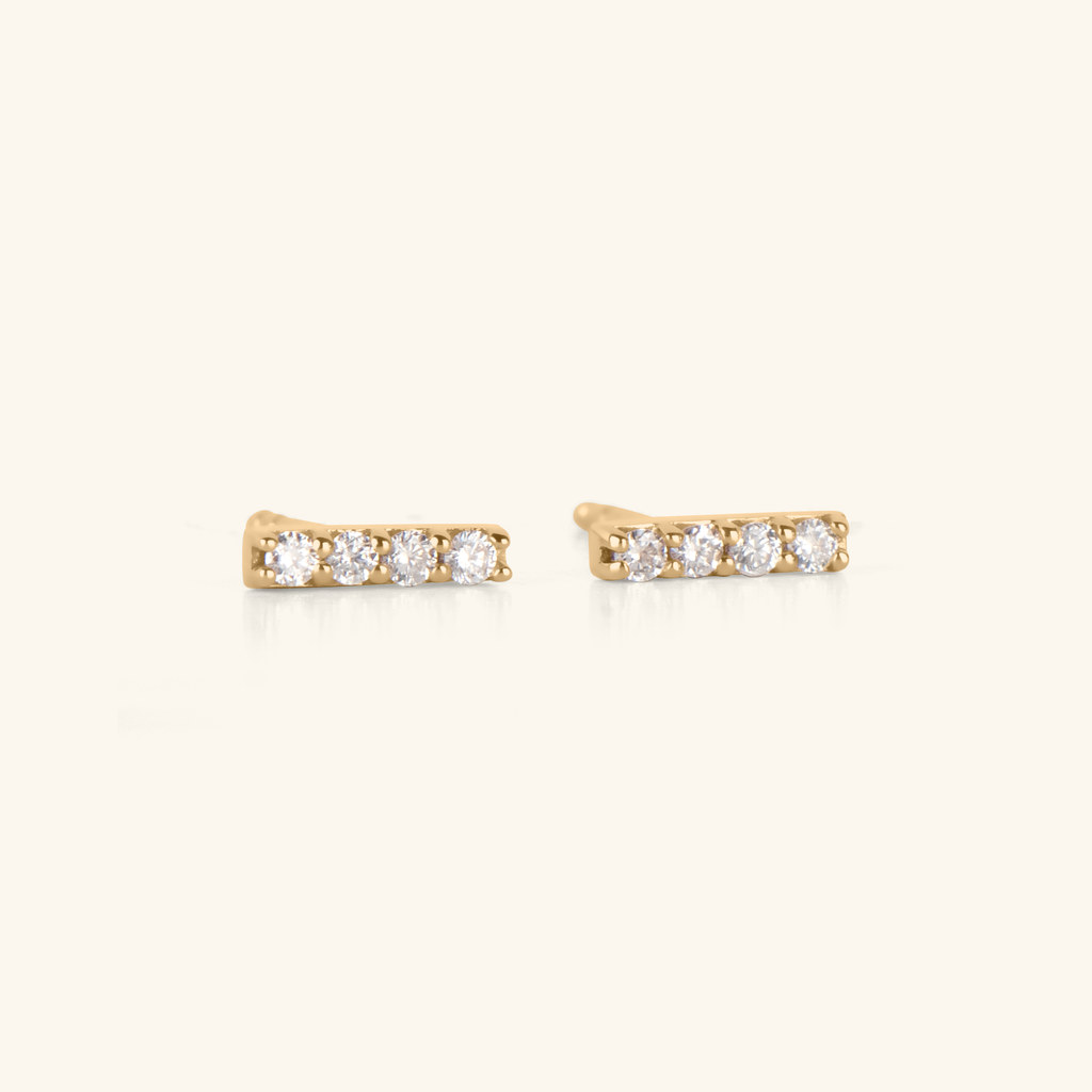 Long Diamond Bar Studs, Handcrafted in 14k solid gold and set with ethically sourced diamonds in prong setting