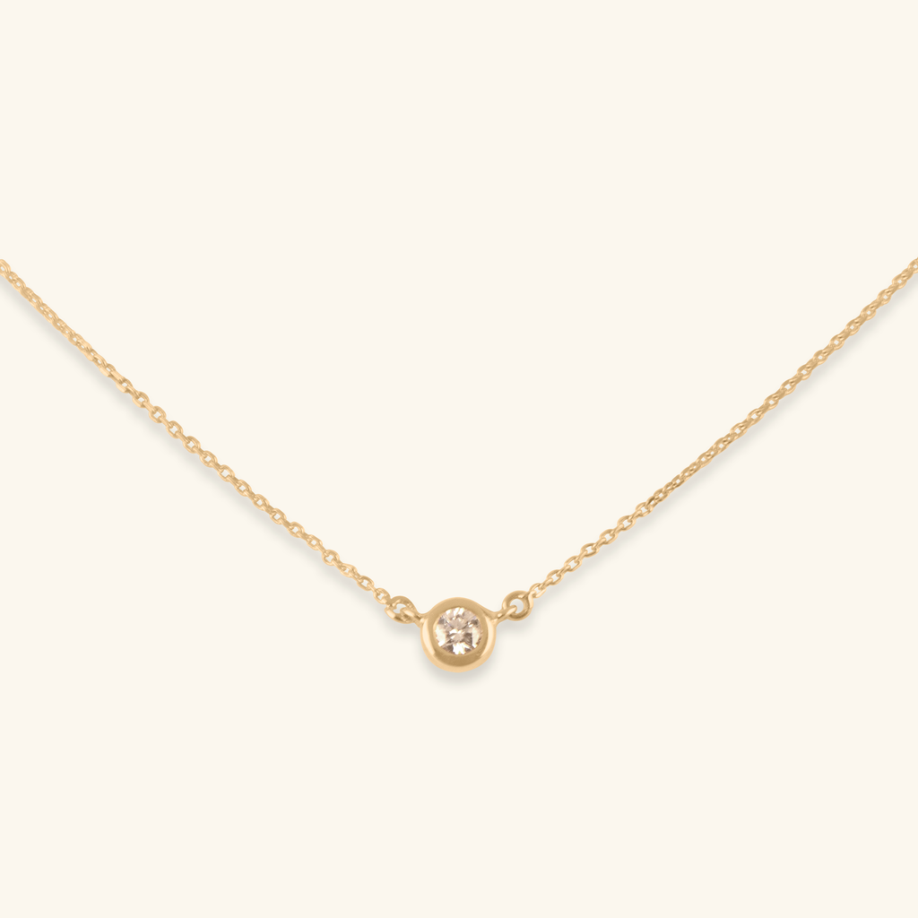 Diamond Necklace, Handcrafted in 14k solid gold featuring a solo diamond in bezel setting