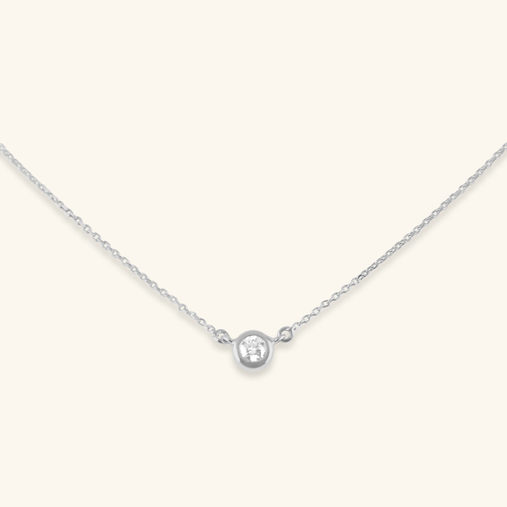 Diamond Necklace White Gold, Handcrafted in 14k solid gold featuring a solo diamond in bezel setting