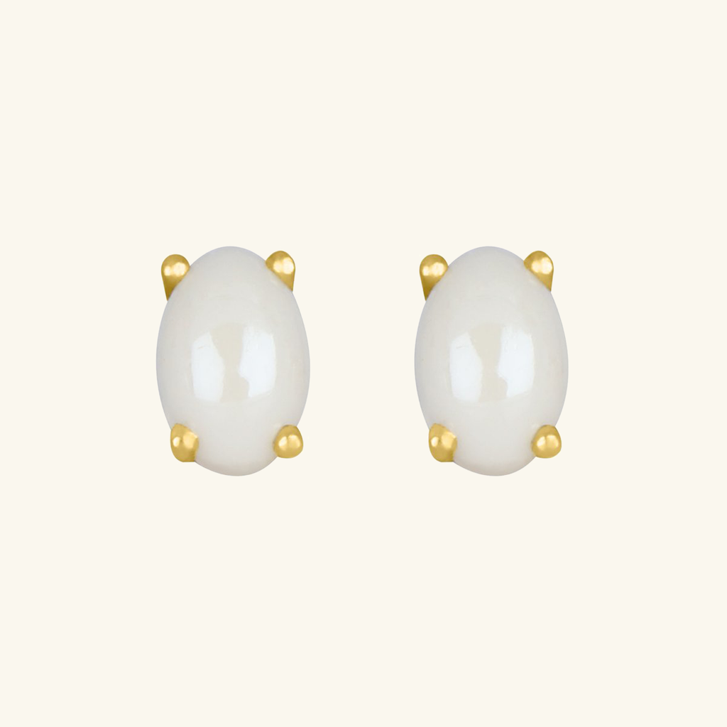 Birthstone Oval Studs Pearl, Set in 18k Solid Gold