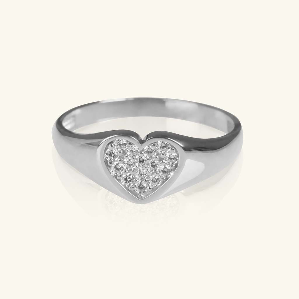 Pavé Heart Signet Ring White Gold, Made in 18k solid gold
