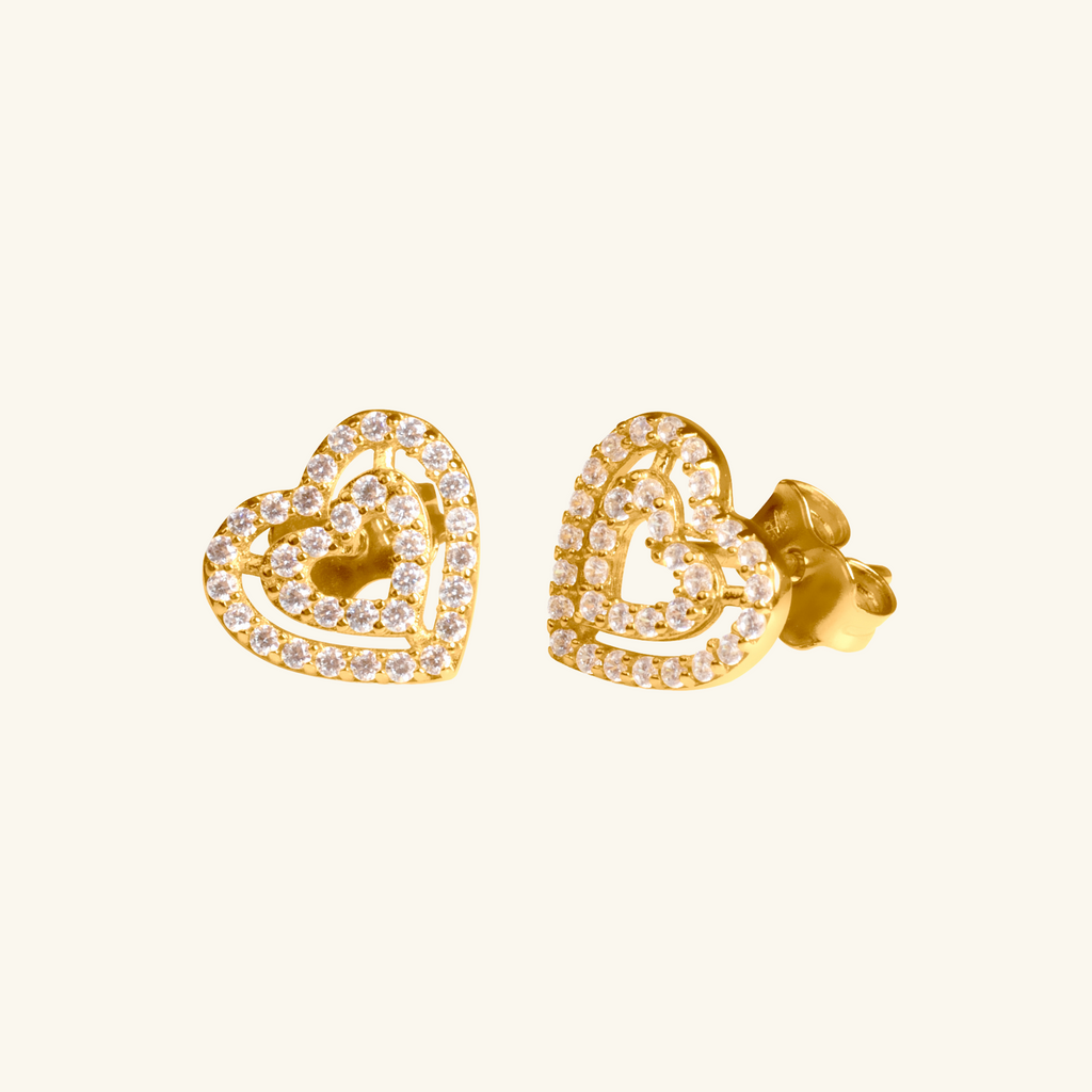 Twin Hearts Pavé Studs,Made in 18k Solid Gold