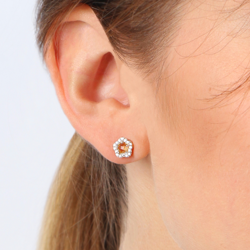 Citrine Flower Studs, Made in 18k solid gold