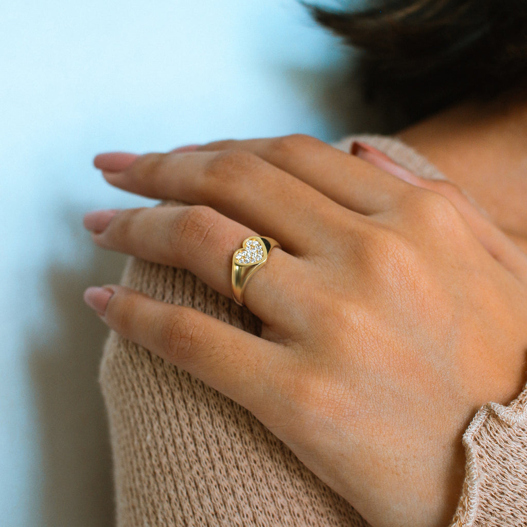 Pavé Heart Signet Ring, Made in 18k solid gold